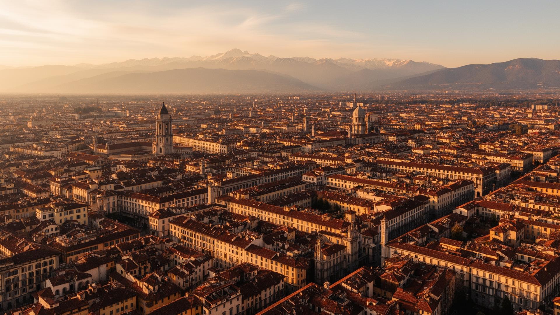 Vista aérea de Torino com os telhados de terracota e os Alpes ao fundo